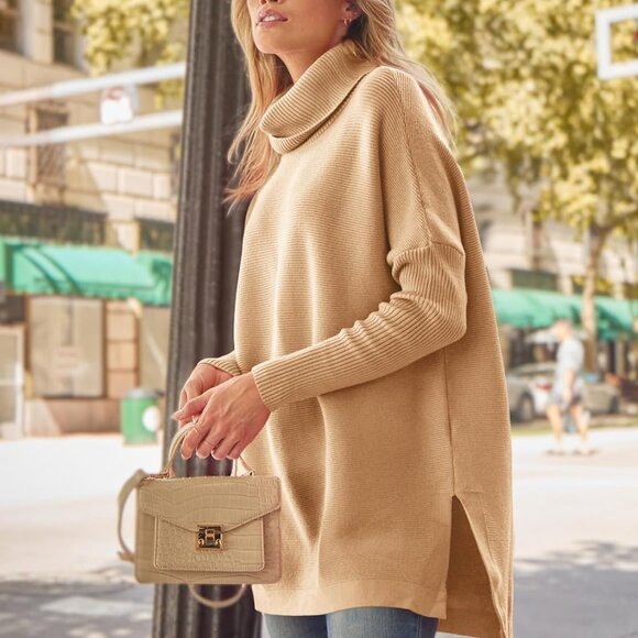 LILLUSORY Women's Khaki Turtleneck Batwing Sleeve Spilt Hem Sweater Large - Picture 5 of 7